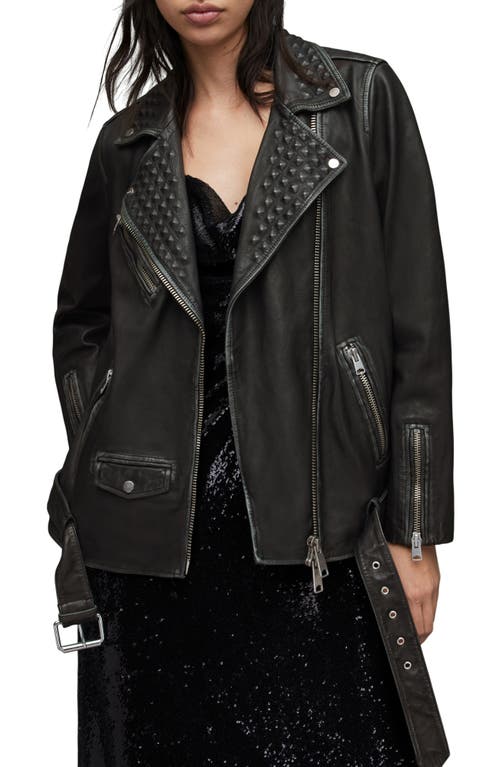 AllSaints Billie Studded Oversize Leather Biker Jacket in Black