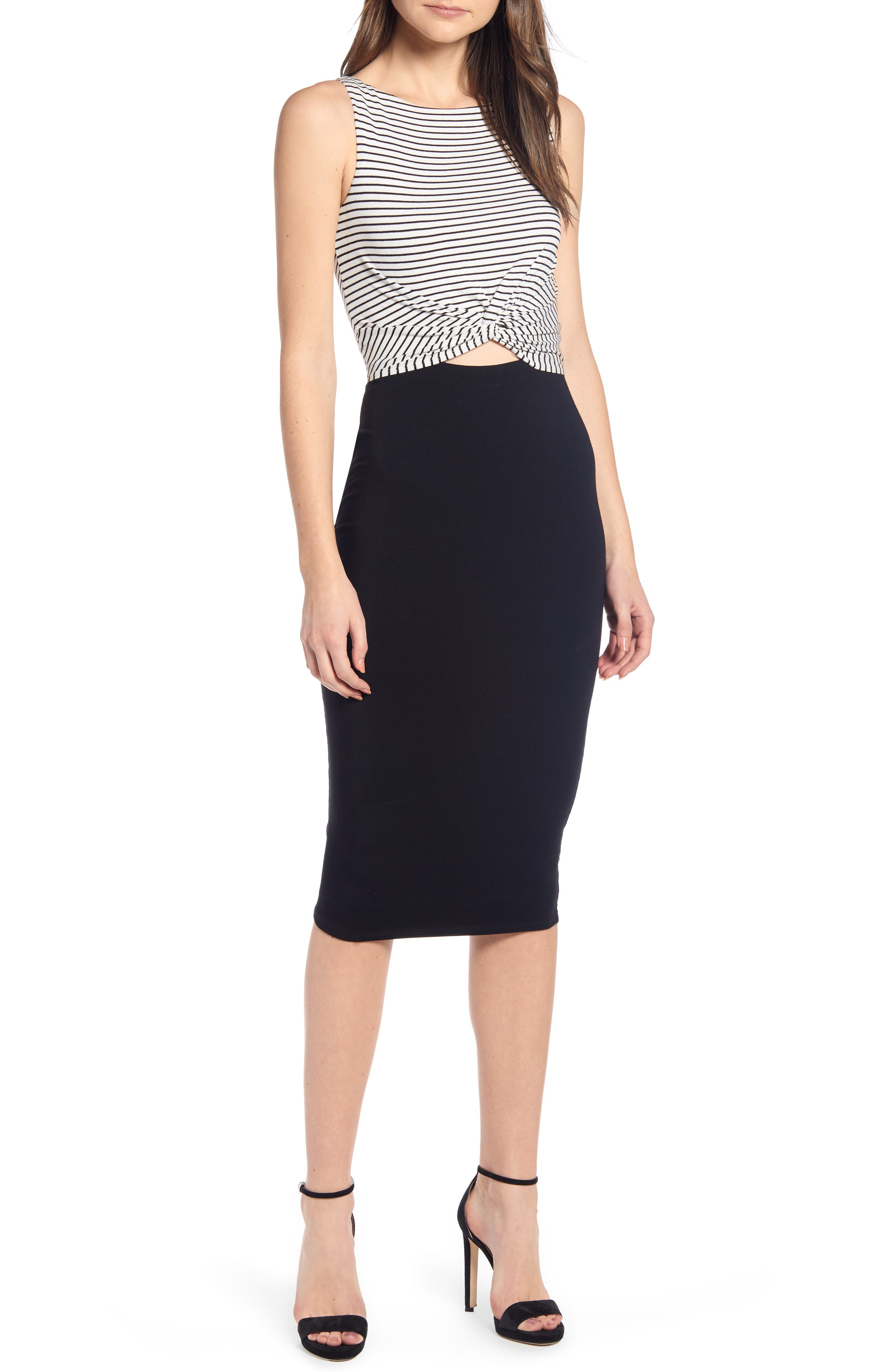 Bailey 44 Rabbit Hole Stripe & Solid Twist Keyhole Dress, White