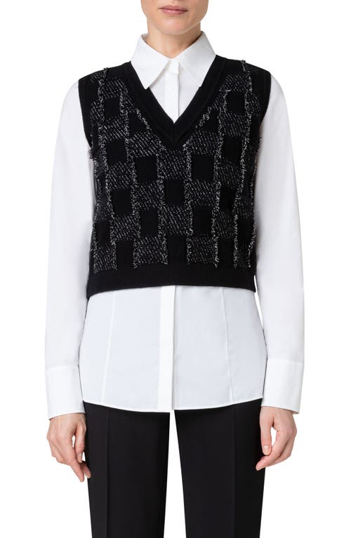 Cashmere & Cotton Jacquard Sweater Vest in 903-Black/Greige
