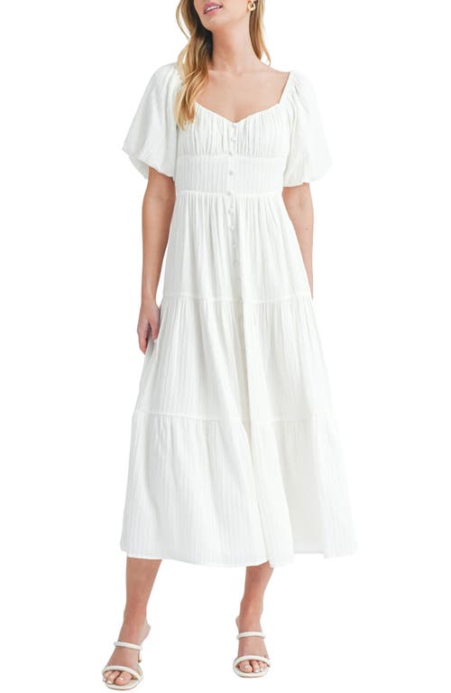 Puff Sleeve Tiered Midi Dress in White