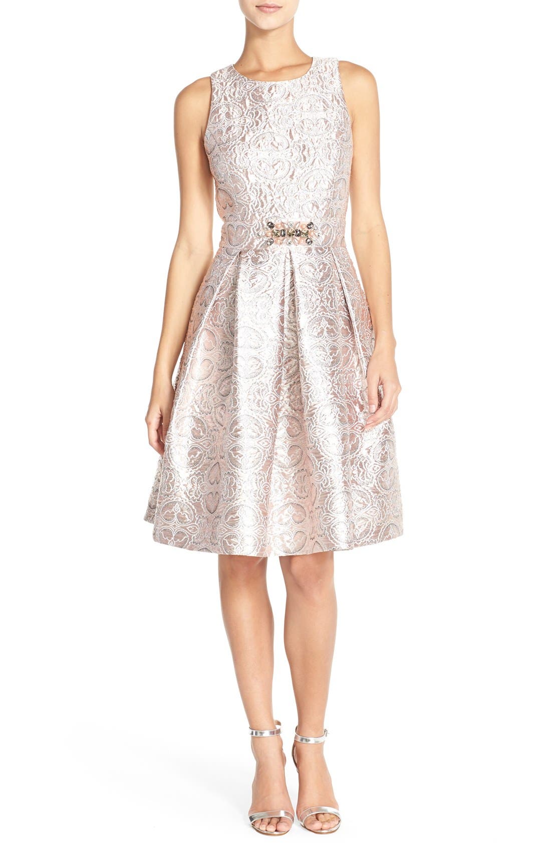 Eliza J Embellished Metallic Jacquard Fit & Flare Dress (Regular