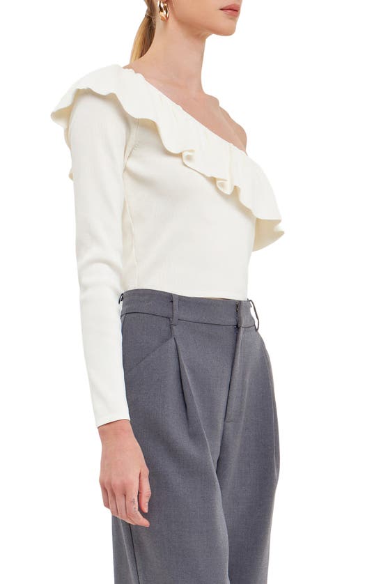 Endless Rose One-shoulder Ruffle Rib Knit Top In White