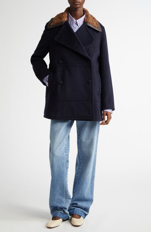 Shop Wales Bonner Zora Faux Shearling Trim Wool Blend Peacoat In Navy