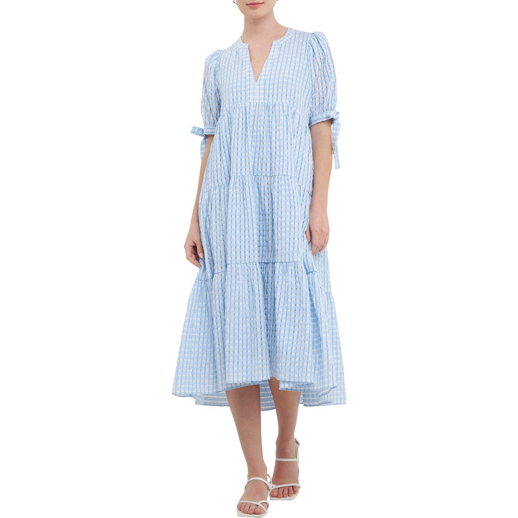 English Factory Gingham Tiered Midi Dress In Ocean Blue