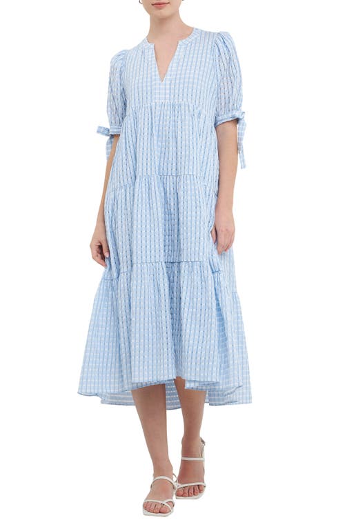 Shop English Factory Gingham Tiered Midi Dress In Ocean Blue