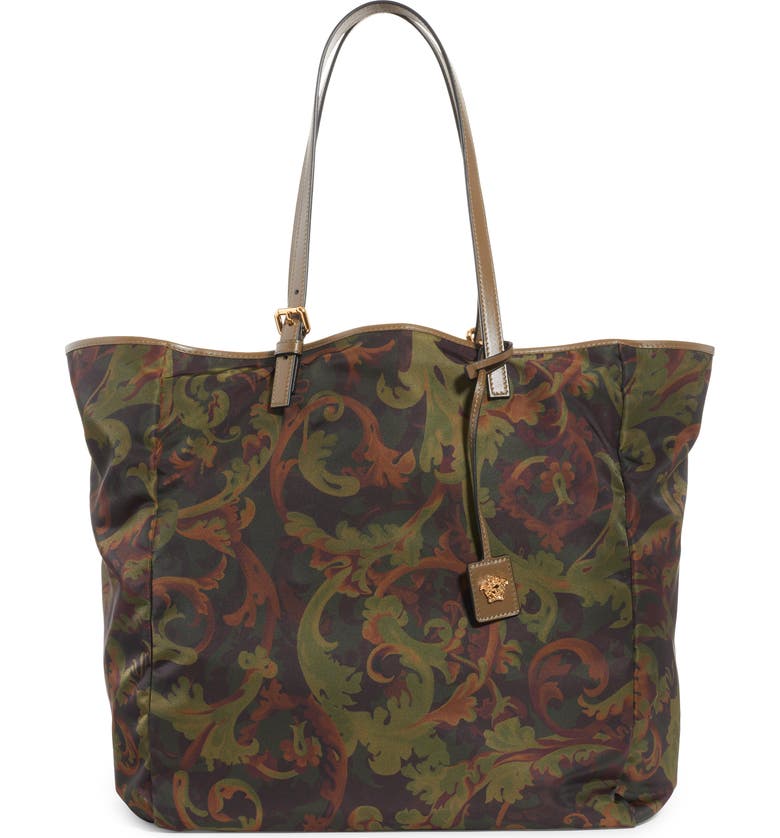 VERSACE Baroccoflage Print Nylon Tote, Main, color, KHAKI-VERSACE GOLD