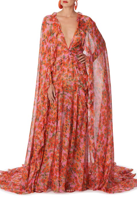 Anemone Print Caped Silk Chiffon Gown