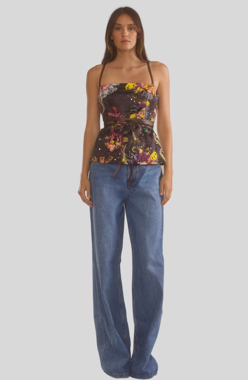 Shop Cynthia Rowley Satin Leather Ties Embellished Top In Black Floral