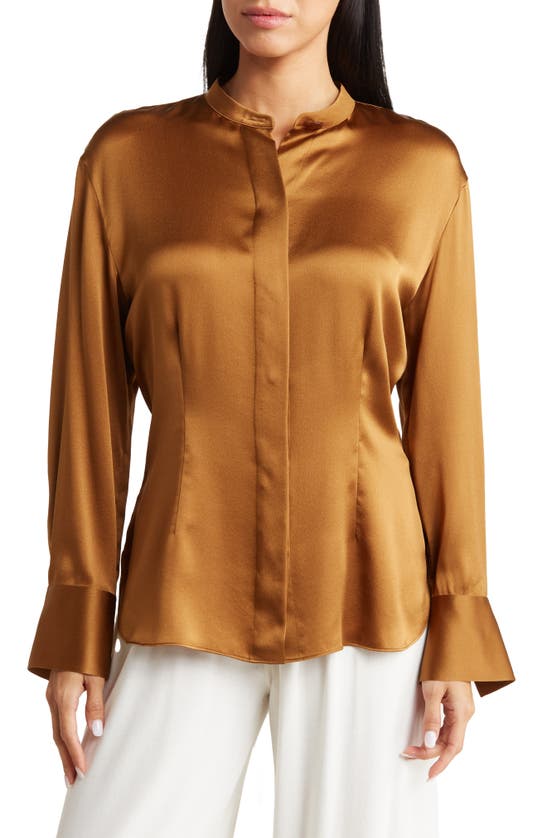 Vince Shaped Band Collar Silk Blouse In Vicuna