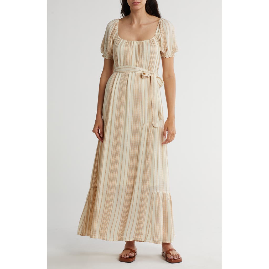 Shop Lovestitch Stripe Puff Sleeve Maxi Dress In Natural/tan