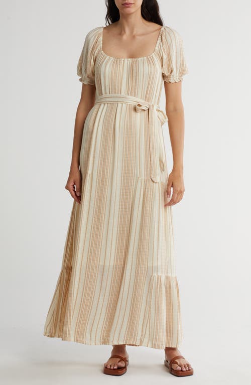 Shop Lovestitch Stripe Puff Sleeve Maxi Dress In Natural/tan
