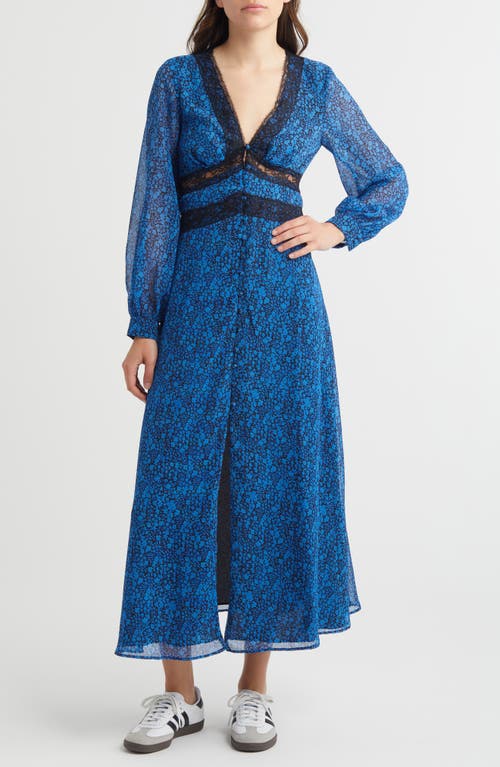 Floral Long Sleeve Button-Up Midi Dress in Mid Blue