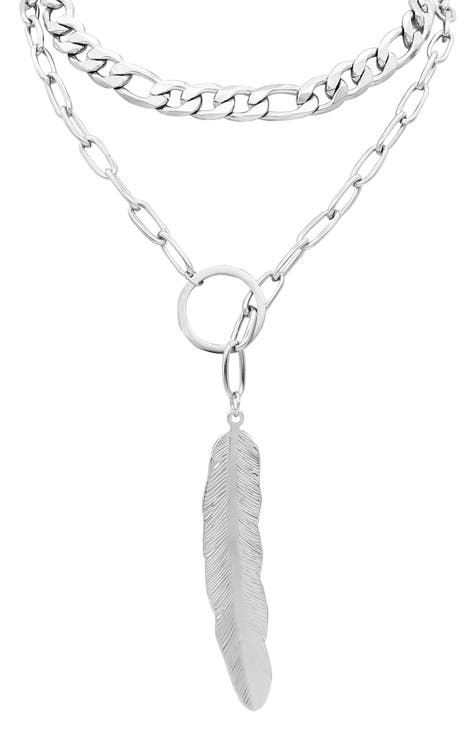 Water Resistant Mixed Chain Feather Lariat Layered Necklace