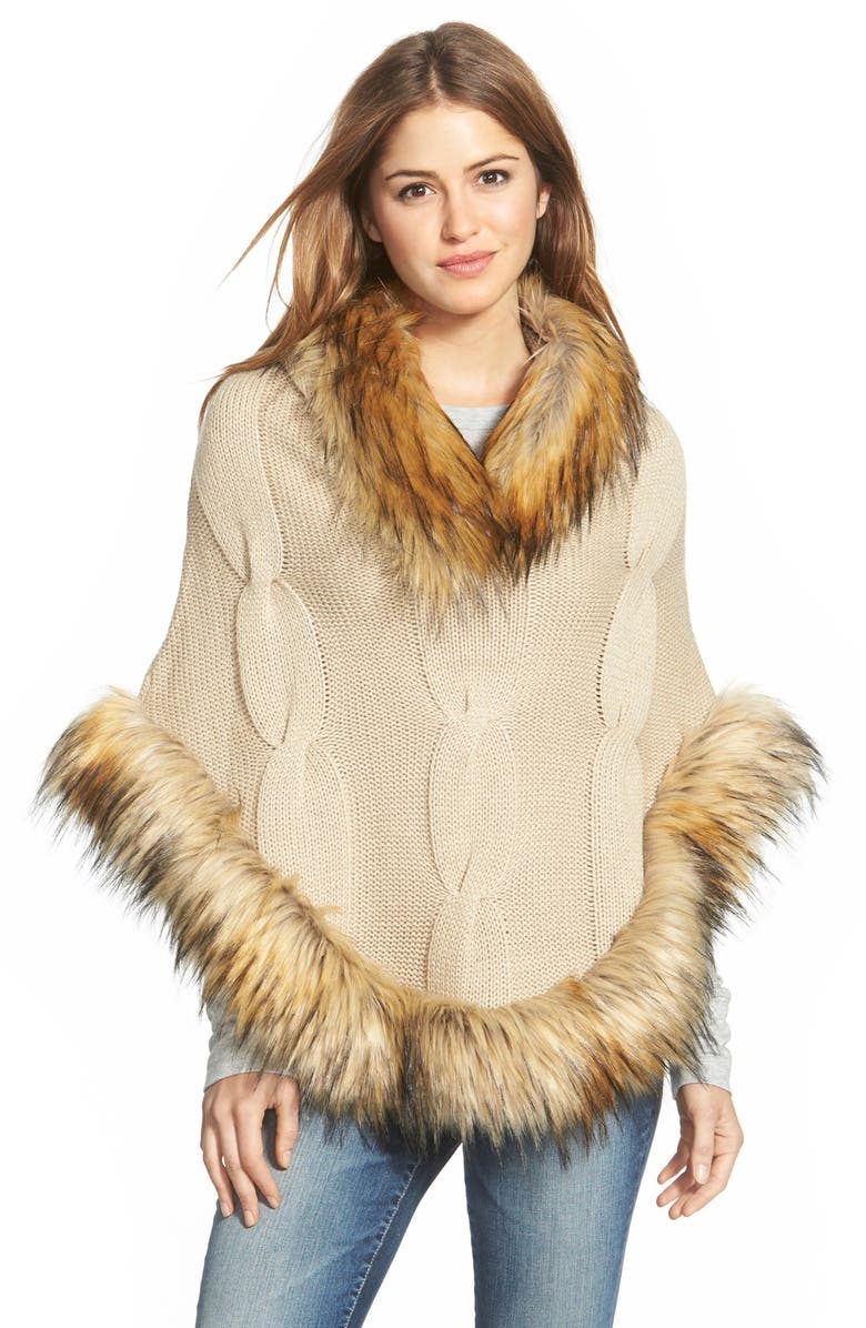 Linda Richards Cable Knit Wool Poncho with Faux Fur Trim | Nordstrom