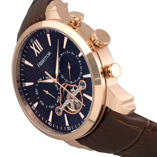 Heritor Automatic Men's Black / Rose Gold Arthur Semi-skeleton Leather-band Watch With Day And Date - Black, Rose Gold In Rose Gold/black