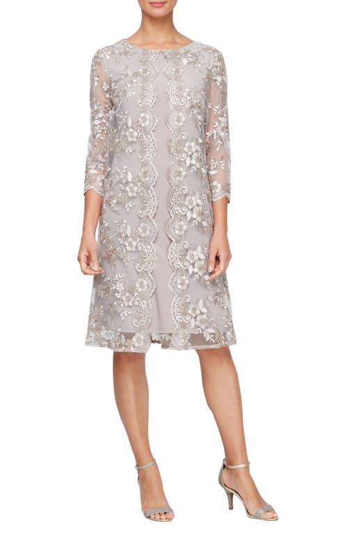 Embroidered Overlay Cocktail Dress in Taupe