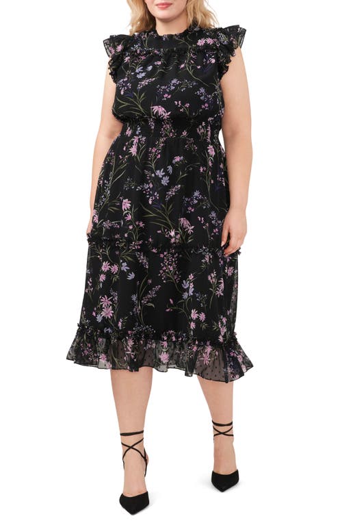 CeCe Floral Smocked Ruffle Swiss Dot Midi Dress in Rich Black at Nordstrom, Size 3X