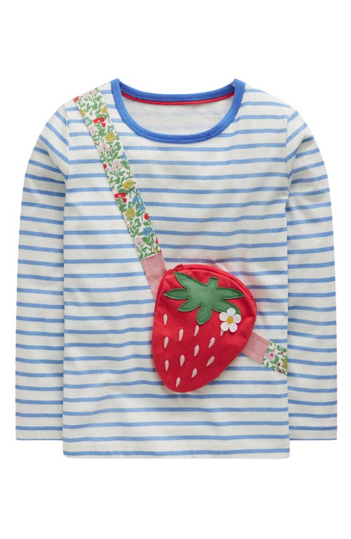 Shop Mini Boden Kids' Stripe Strawberry Pocket Appliqué Long Sleeve Cotton T-shirt In Blue/ivory Strawberry