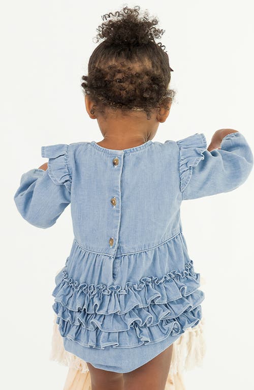 Shop Rufflebutts Ruffle Denim Bubble Romper & Tights Set In Light Wash Denim