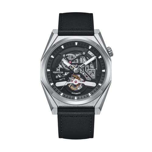 Heritor Automatic Amadeus Semi-skeleton Leather-band Watch In Silver/black