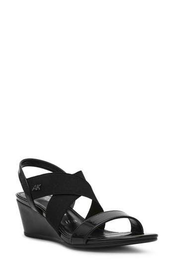 Anne Klein Bellamy Wedge Sandal In Black Stretch Patent