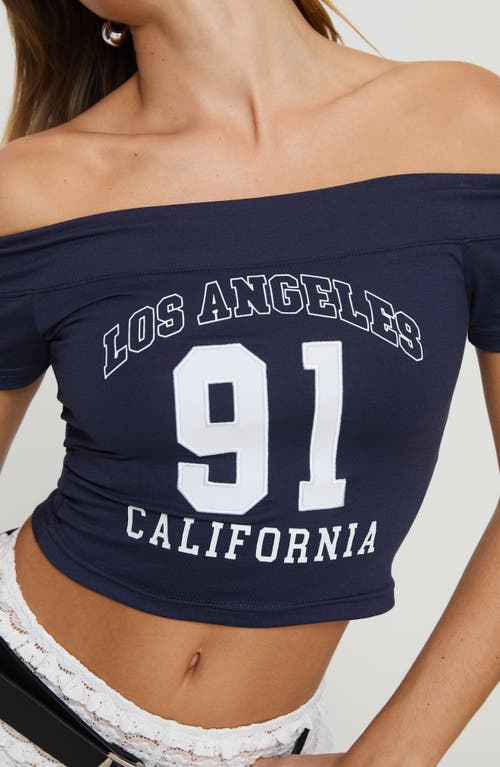 Shop Princess Polly Serendipia Los Angeles Off The Shoulder Crop Top In Navy