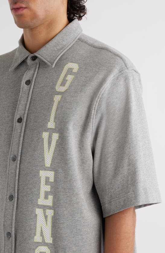 Shop Givenchy Oversize Logo Short Sleeve Cotton Jersey Button-up Shirt In Light Grey