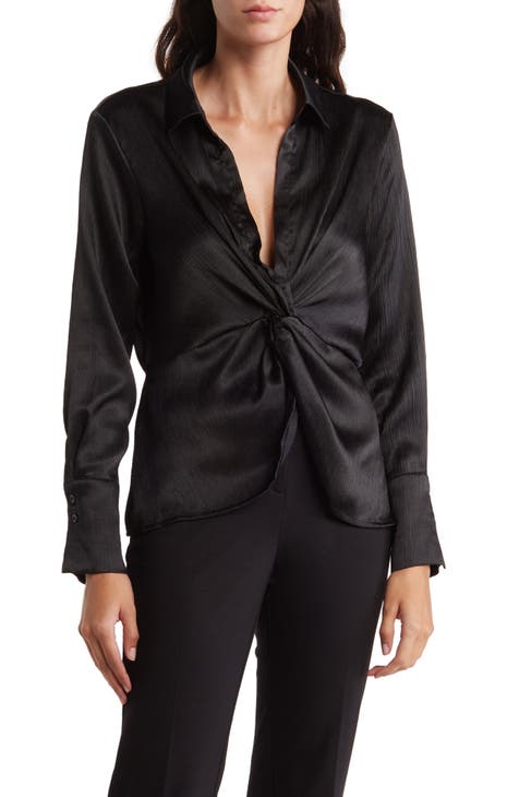 Front Twist Long Sleeve Satin Peplum Top