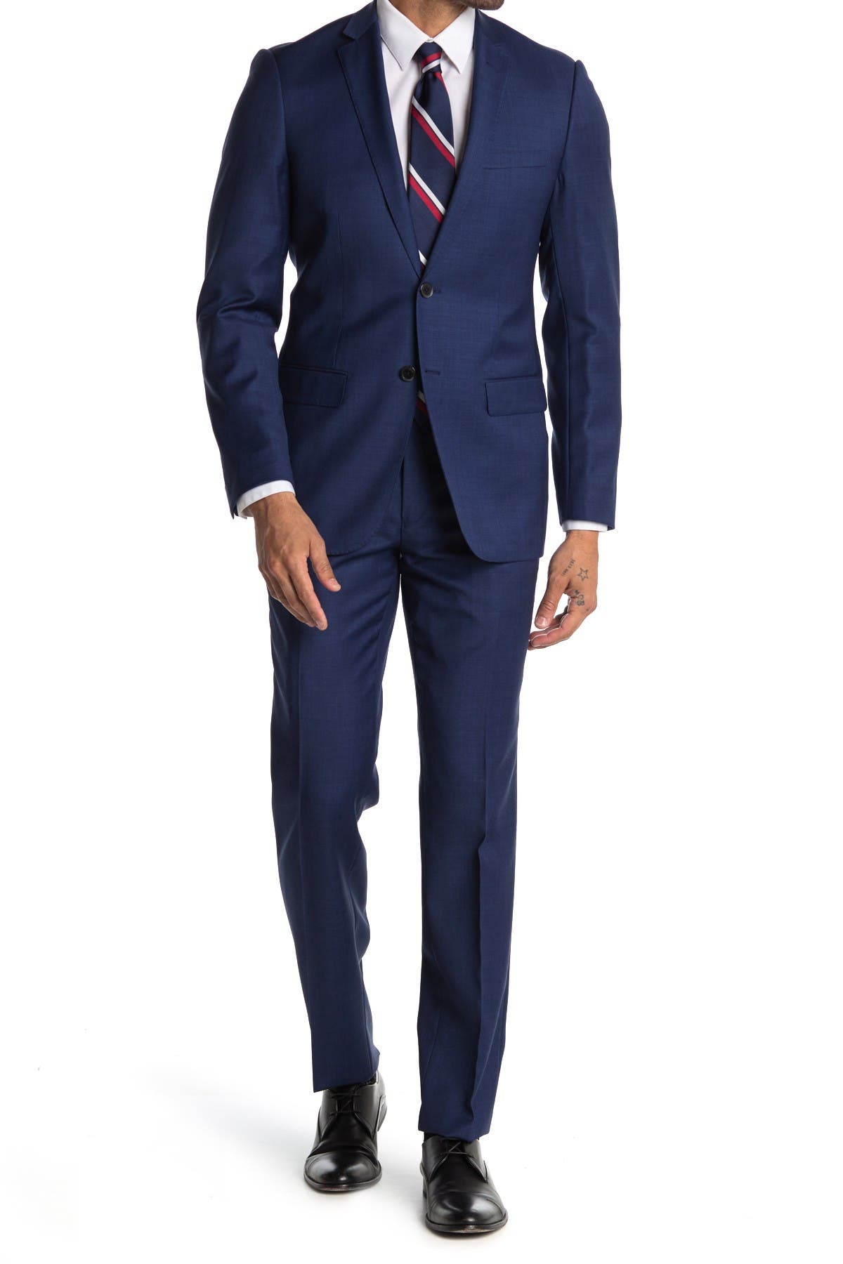 Emigre Mens Extra Slim Fit Sharkskin Chambray Three Piece Suit With Peak Lapels