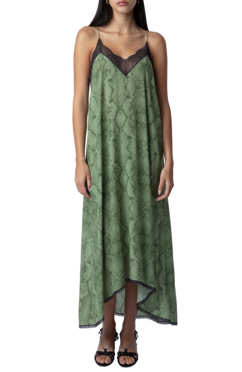 Zadig & Voltaire Risty Python Print Lace Trim High-Low Slipdress in Kaki