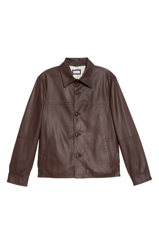 Shop Brunello Cucinelli Leather Button-up Overshirt In Coi29 Caffe/ Bianco/ Grigio
