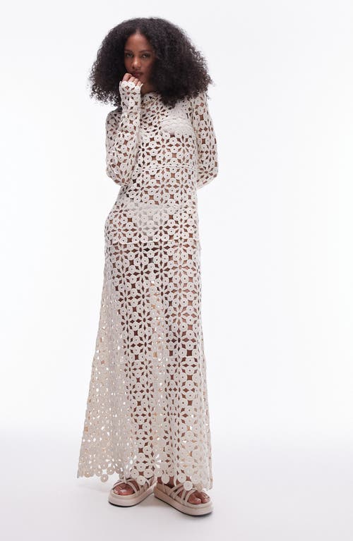 Topshop Long Sleeve Openwork Cotton Maxi Dress Cream at Nordstrom,