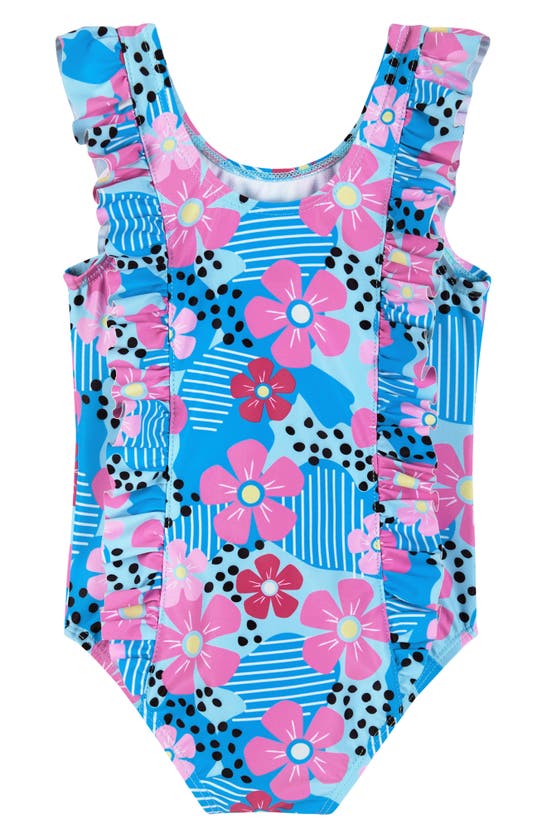 Shop Andy & Evan Kids' Ruffle Heart Print One-piece Swimsuit In Aqua Floral