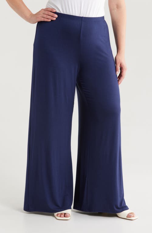 24seven Comfort Apparel Plus Size Elastic Waist Flared Leg Palazzo Pants In Navy