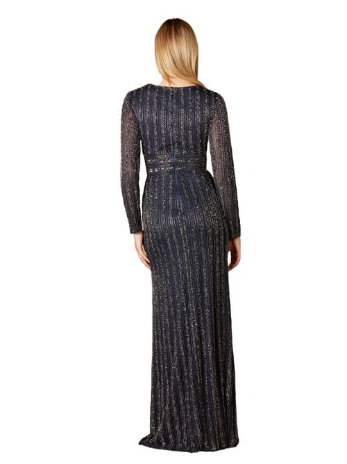 Lara New York Long Sleeve Beaded Gown In Navy