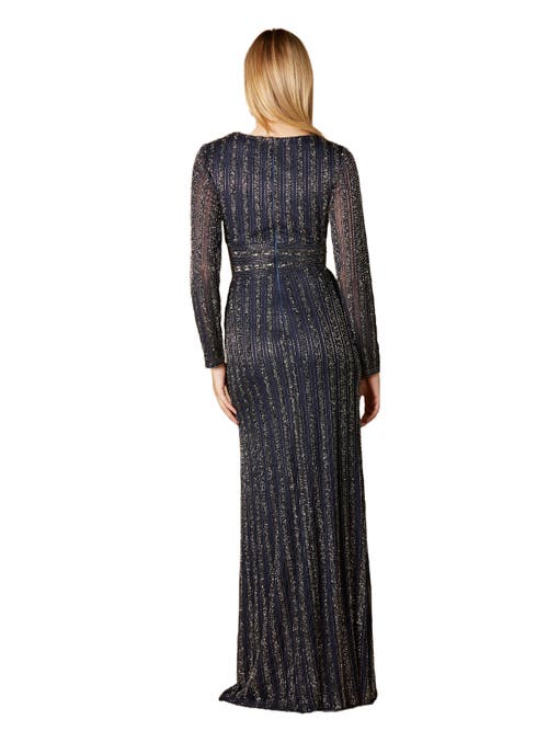 Shop Lara New York Long Sleeve Beaded Gown In Navy