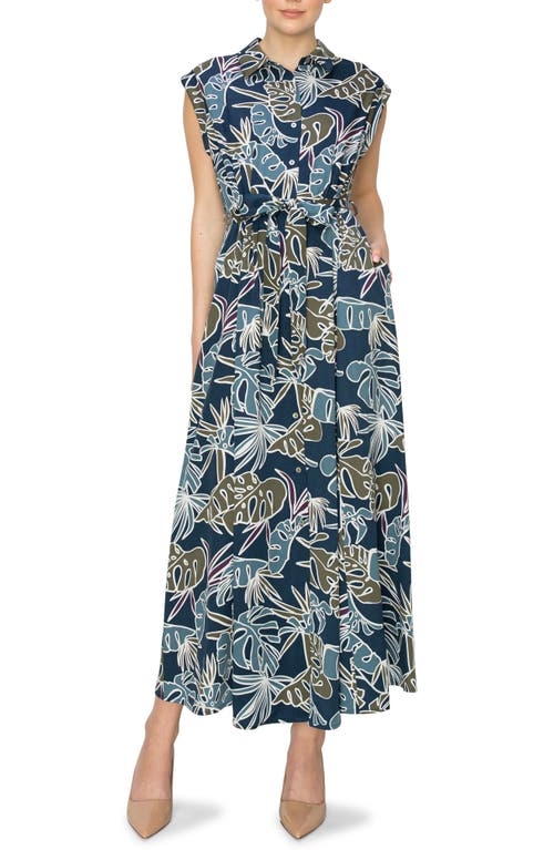 Tropical Print Extended Shoulder Shirtdress in Navy Tropical