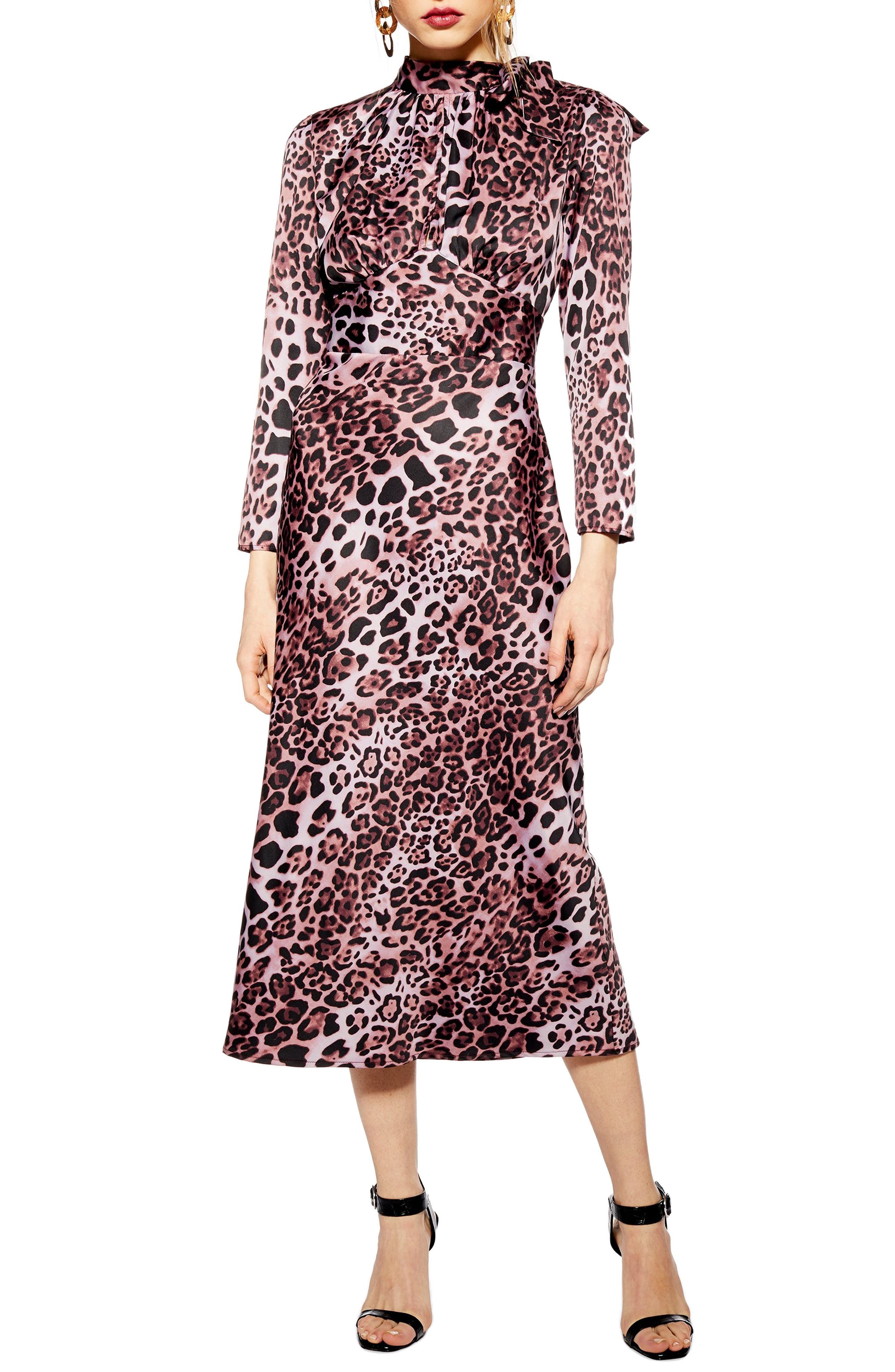 Topshop Leopard Bias Tie Neck Midi Dress, US (fits like 0) - Pink