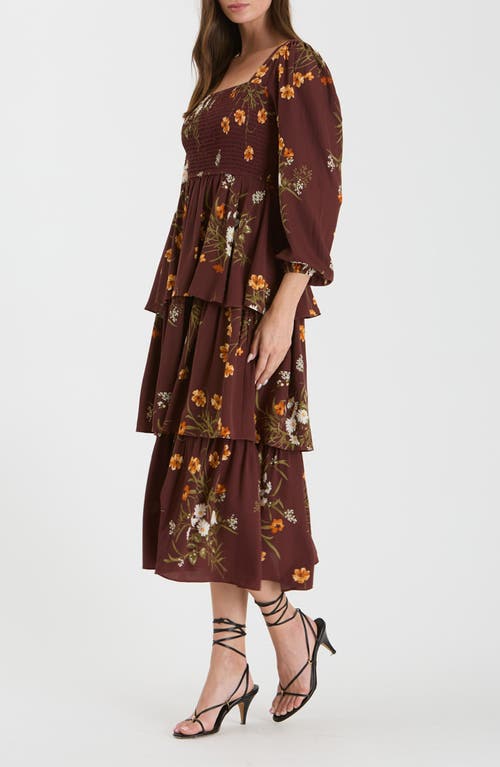 August Sky Floral Long Sleeve Tiered Midi Dress In Oxblood Multi