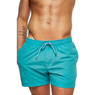 Topman Hester Solid Swim Trunks, Blue/green