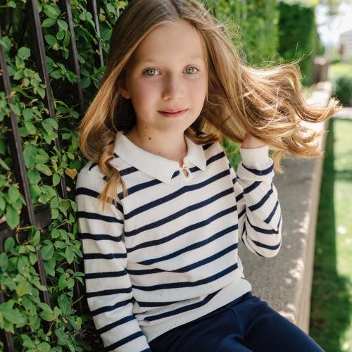 Shop Hope & Henry Girls' Organic French Collared Keyhole Sweater, Kids In Navy Breton Stripe With Collar