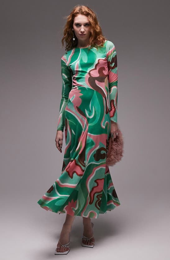 Shop Topshop Swirl Long Sleeve Cutout Maxi Dress In Green Multi