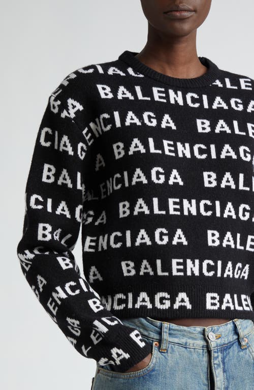 Shop Balenciaga Allover Logo Crop Wool Blend Sweater In Black/white