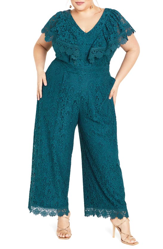 Shop City Chic Sylvia Ruffle & Lace Wide Leg Jumpsuit In Teal