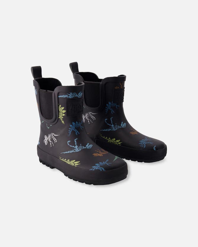 Shop Deux Par Deux Boy's Short Rain Boots Black Printed Dinos Skeletons