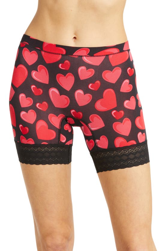 Meundies Feelfree Lace Trim Long Boyshorts In Red Hearts