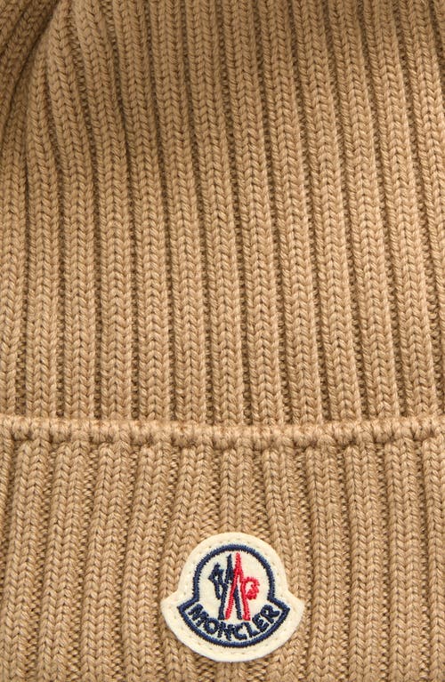 Moncler Kids' Merino Wool Rib Beanie With Faux Fur Pompom In Beige