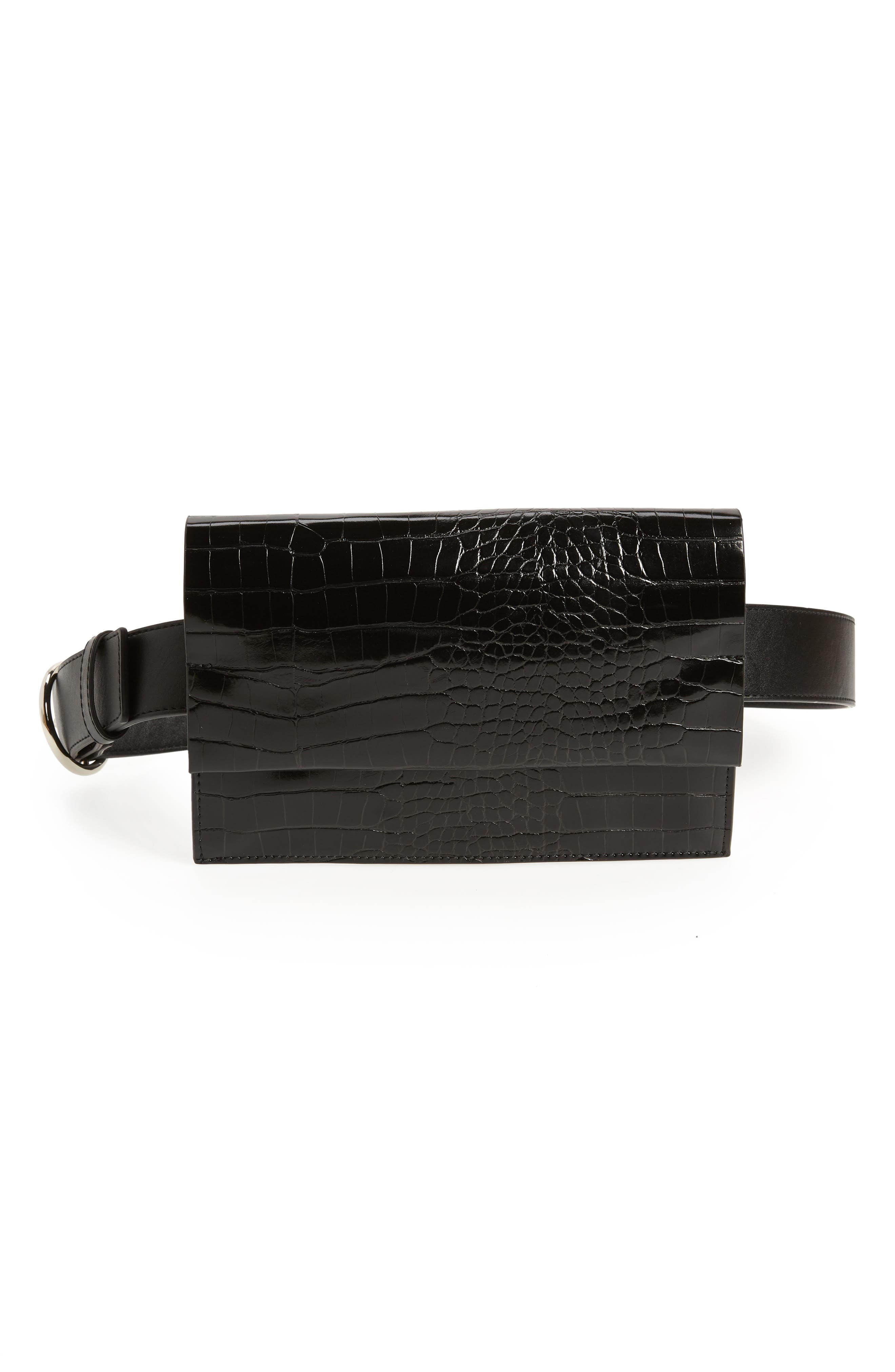 Halogen Croc Embossed Faux Leather Belt Bag, Black