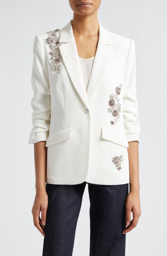Shop Cinq À Sept Kylie Crystal Daisy Detail Jacket In Ivory/ Smoke