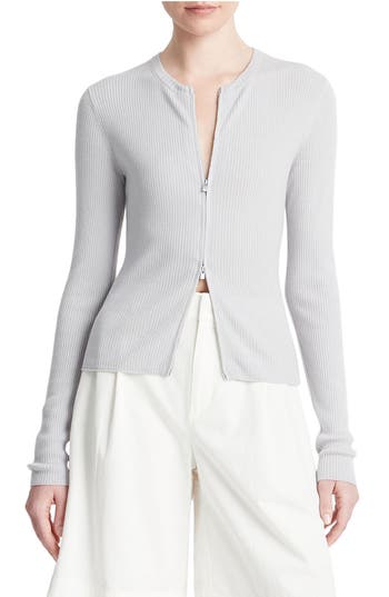 Vince Slim Ribbed Wool-blend Cardigan In Light Grey